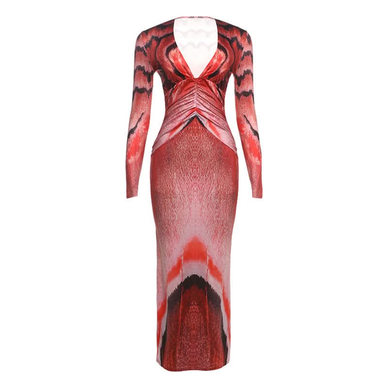 Fiery Abstract Print Long Sleeve Ruched Maxi Dress - Fall & Holiday Statement