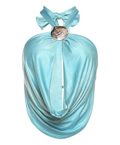 Ocean Siren Draped Satin Halter Top - Chic Shell Clasp & Backless for Resort & Holiday Escapes