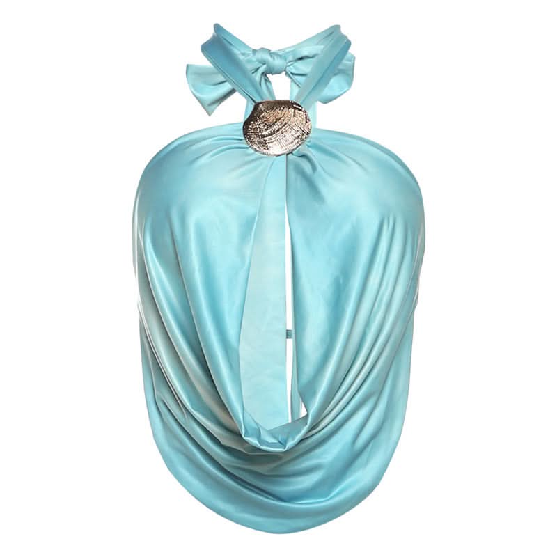 Ocean Siren Draped Satin Halter Top - Chic Shell Clasp & Backless for Resort & Holiday Escapes