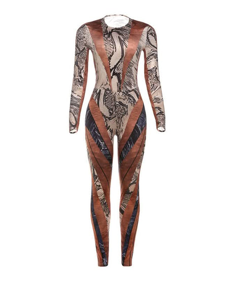 Fall Glam: Geometric Snake Print Long Sleeve Bodycon Jumpsuit - Perfect for Autumn Nights & Halloween