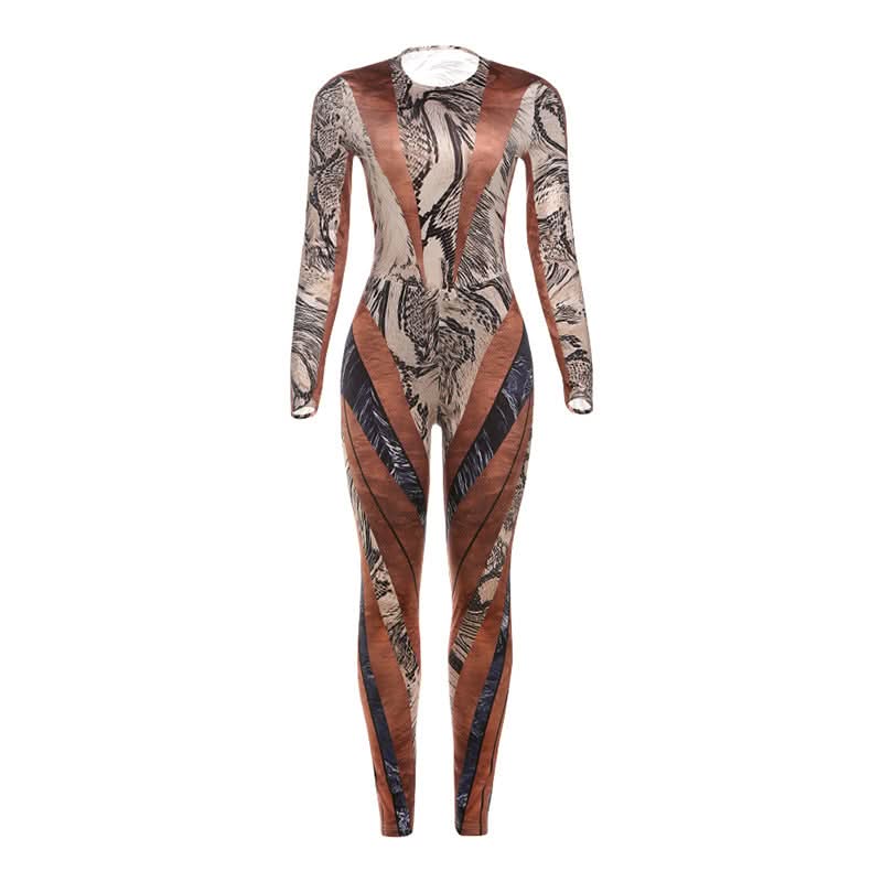 Fall Glam: Geometric Snake Print Long Sleeve Bodycon Jumpsuit - Perfect for Autumn Nights & Halloween