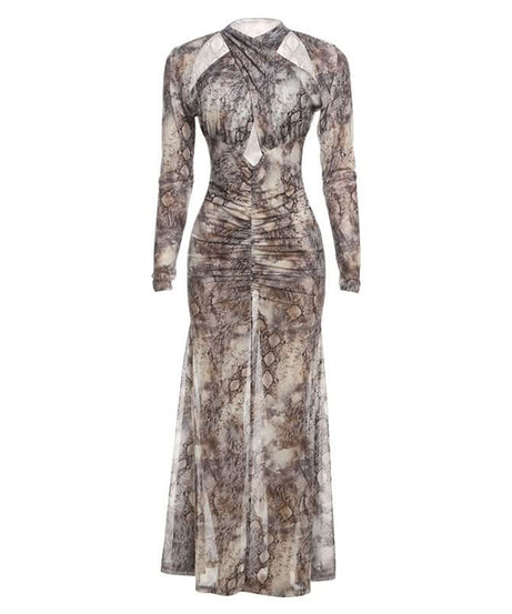 Slay the Season: Chic Snake Print Ruched Maxi Dress with Keyhole Cutout - Fall Glamour