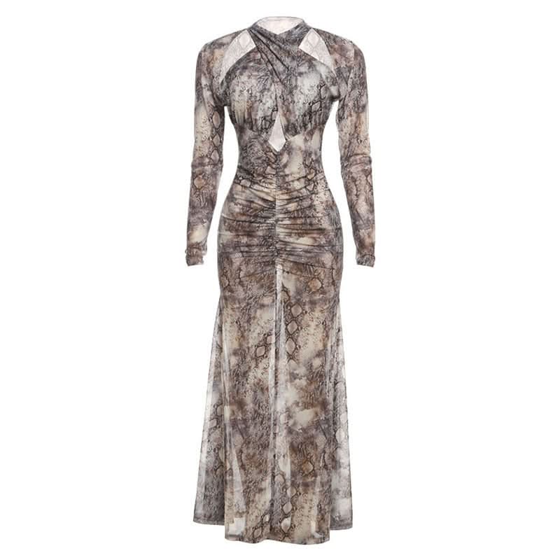 Slay the Season: Chic Snake Print Ruched Maxi Dress with Keyhole Cutout - Fall Glamour
