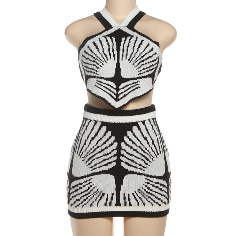 Art Deco Knit Halter Crop Top & Mini Skirt Set - Fall Party & Holiday Glam