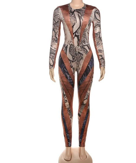 Fall Glam: Geometric Snake Print Long Sleeve Bodycon Jumpsuit - Perfect for Autumn Nights & Halloween