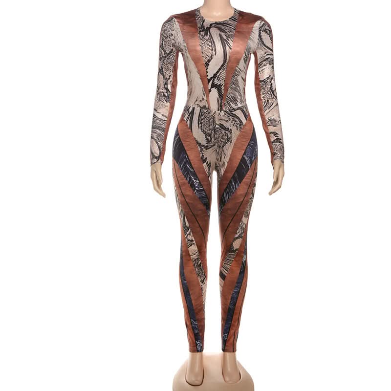 Fall Glam: Geometric Snake Print Long Sleeve Bodycon Jumpsuit - Perfect for Autumn Nights & Halloween