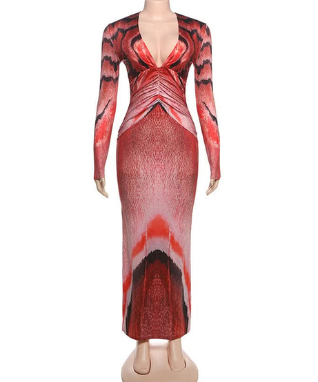 Fiery Abstract Print Long Sleeve Ruched Maxi Dress - Fall & Holiday Statement