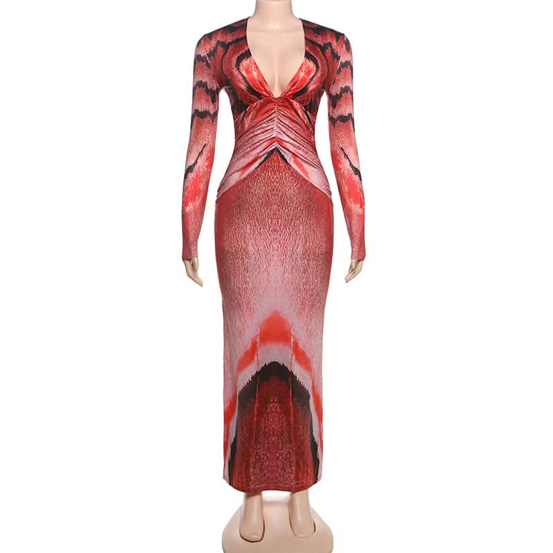 Fiery Abstract Print Long Sleeve Ruched Maxi Dress - Fall & Holiday Statement