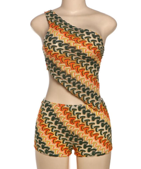 Retro Zig-Zag Knit One-Shoulder Cut-Out Shorts Set – Your Chic Fall Getaway Essential!