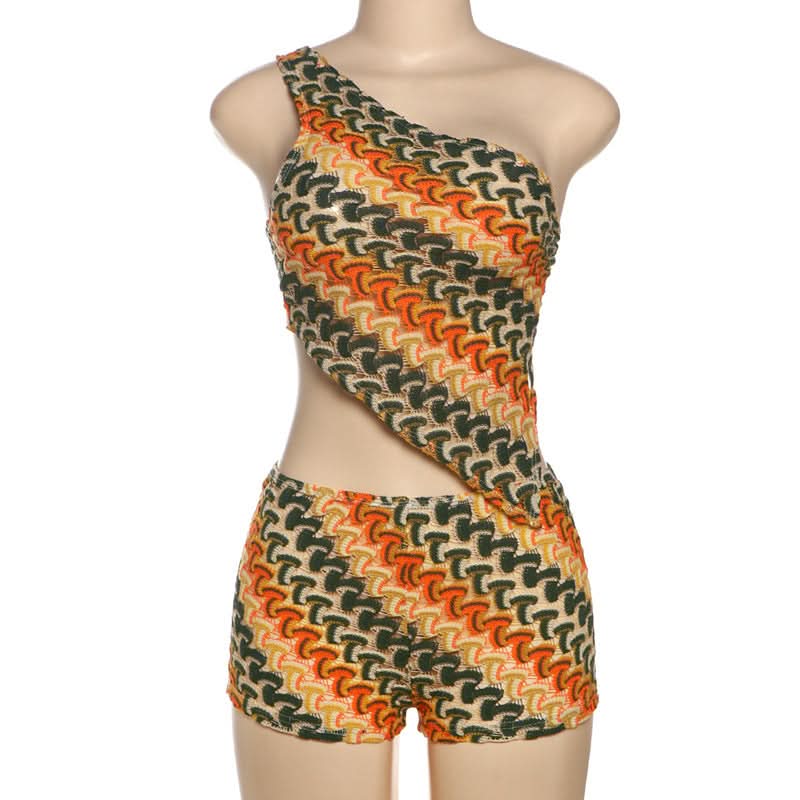 Retro Zig-Zag Knit One-Shoulder Cut-Out Shorts Set – Your Chic Fall Getaway Essential!