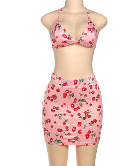 Sweet Cherry Halter Bikini & Cutout Skirt Set – Your Ultimate Vacation & Resort Look!