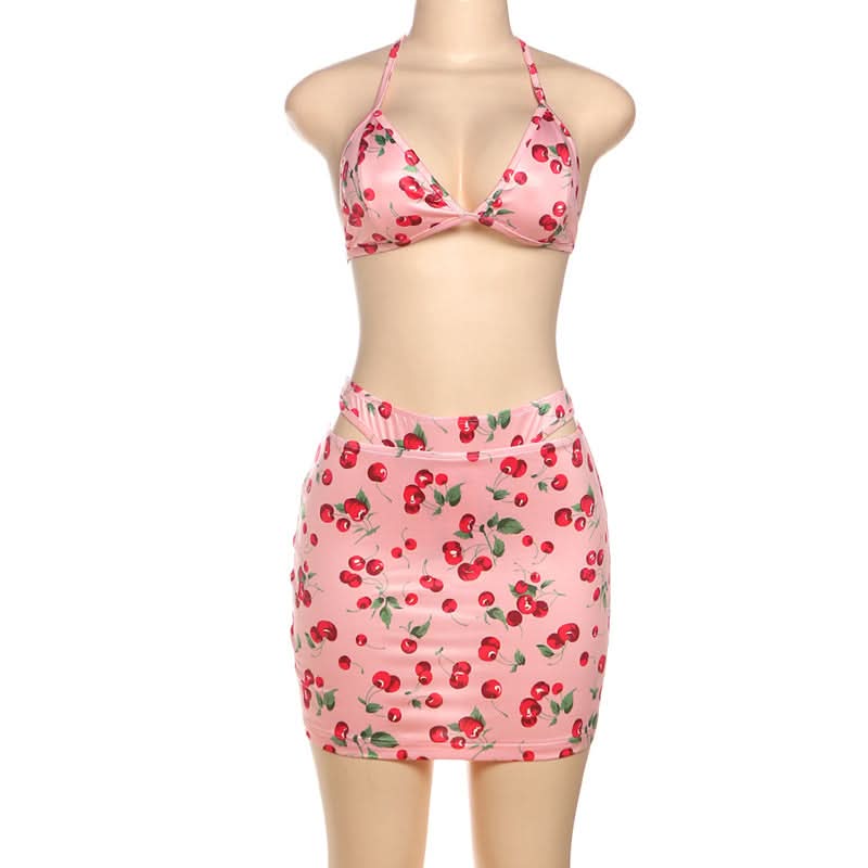 Sweet Cherry Halter Bikini & Cutout Skirt Set – Your Ultimate Vacation & Resort Look!
