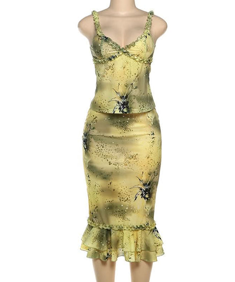 Autumn Bloom Ruffle Cami & Midi Skirt Set - Chic Y2K-Inspired Fall Co-ord Outfit