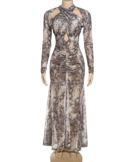 Slay the Season: Chic Snake Print Ruched Maxi Dress with Keyhole Cutout - Fall Glamour