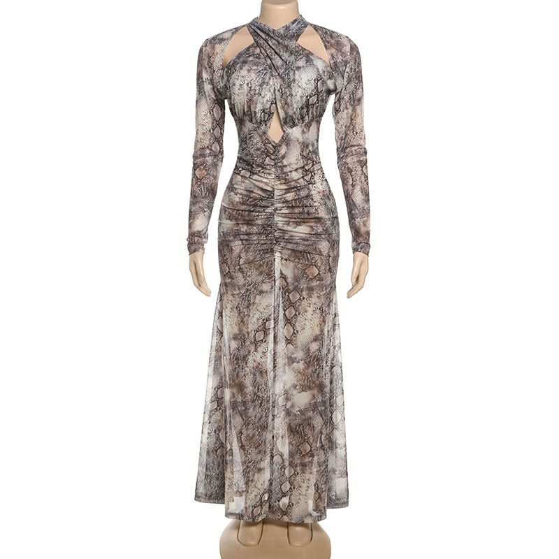 Slay the Season: Chic Snake Print Ruched Maxi Dress with Keyhole Cutout - Fall Glamour