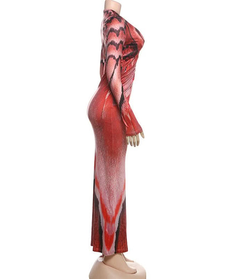 Fiery Abstract Print Long Sleeve Ruched Maxi Dress - Fall & Holiday Statement