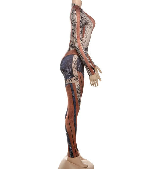 Fall Glam: Geometric Snake Print Long Sleeve Bodycon Jumpsuit - Perfect for Autumn Nights & Halloween