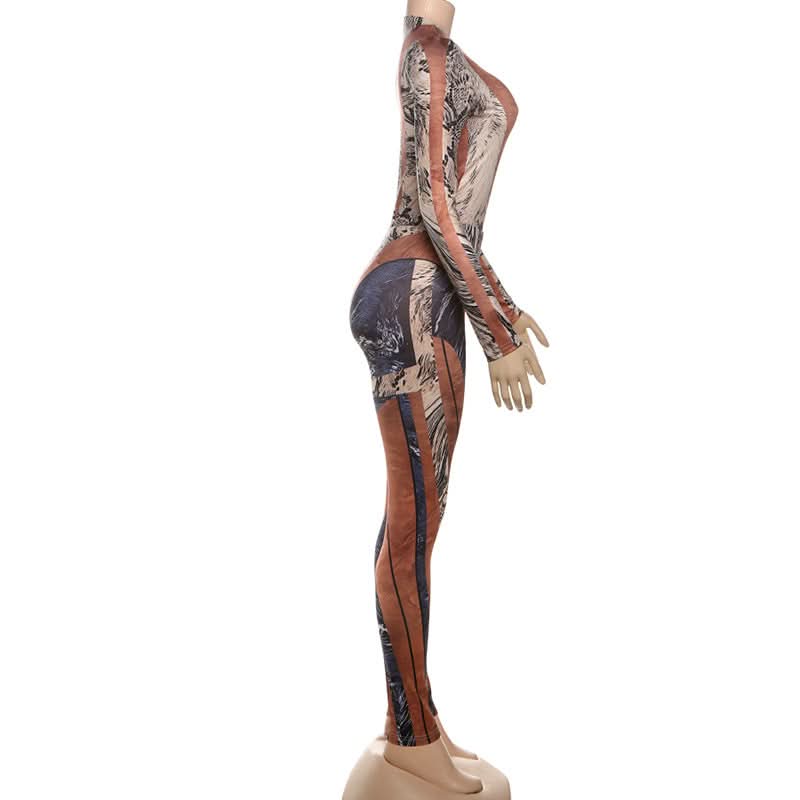 Fall Glam: Geometric Snake Print Long Sleeve Bodycon Jumpsuit - Perfect for Autumn Nights & Halloween