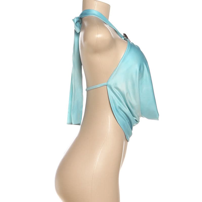 Ocean Siren Draped Satin Halter Top - Chic Shell Clasp & Backless for Resort & Holiday Escapes