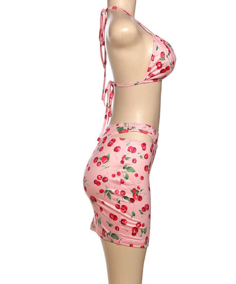 Sweet Cherry Halter Bikini & Cutout Skirt Set – Your Ultimate Vacation & Resort Look!