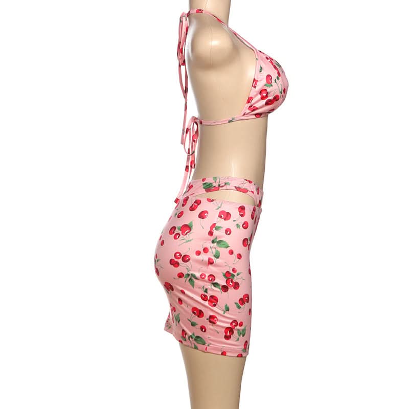 Sweet Cherry Halter Bikini & Cutout Skirt Set – Your Ultimate Vacation & Resort Look!