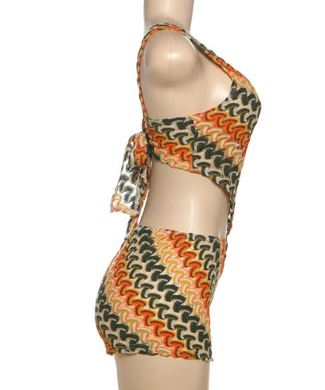 Retro Zig-Zag Knit One-Shoulder Cut-Out Shorts Set – Your Chic Fall Getaway Essential!