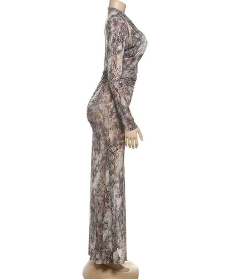 Slay the Season: Chic Snake Print Ruched Maxi Dress with Keyhole Cutout - Fall Glamour