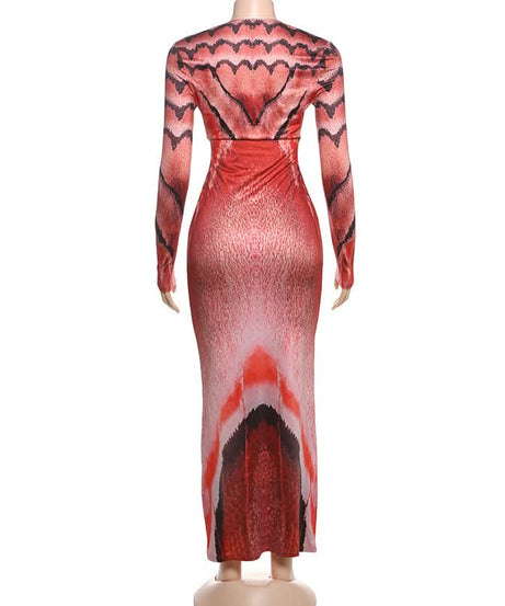 Fiery Abstract Print Long Sleeve Ruched Maxi Dress - Fall & Holiday Statement