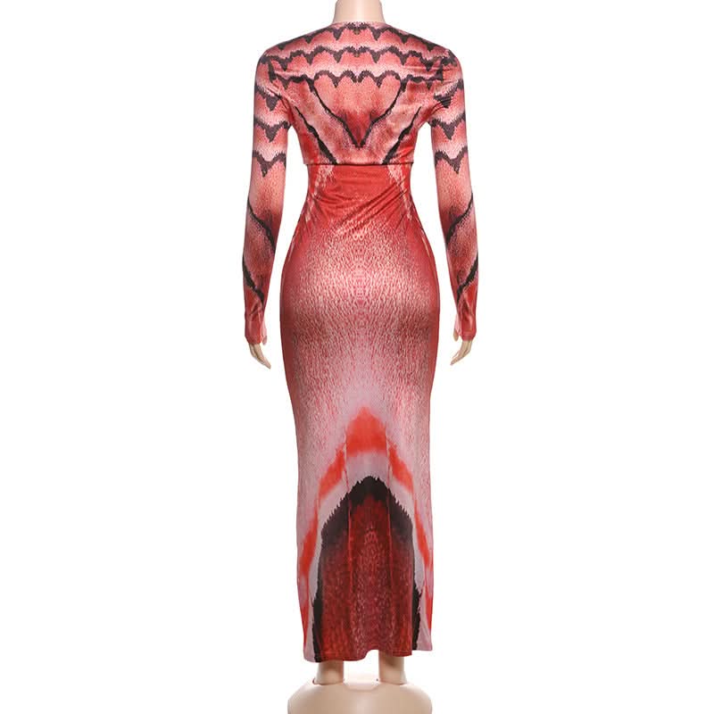 Fiery Abstract Print Long Sleeve Ruched Maxi Dress - Fall & Holiday Statement