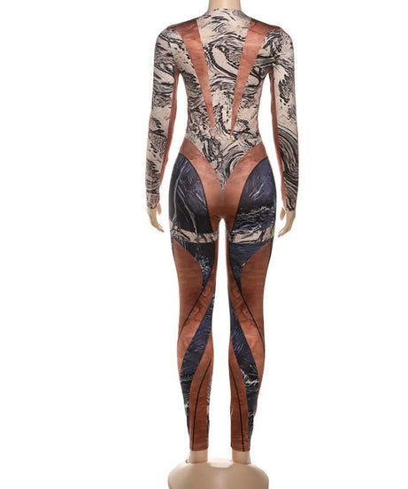 Fall Glam: Geometric Snake Print Long Sleeve Bodycon Jumpsuit - Perfect for Autumn Nights & Halloween