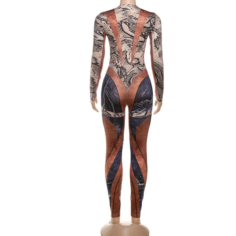 Fall Glam: Geometric Snake Print Long Sleeve Bodycon Jumpsuit - Perfect for Autumn Nights & Halloween