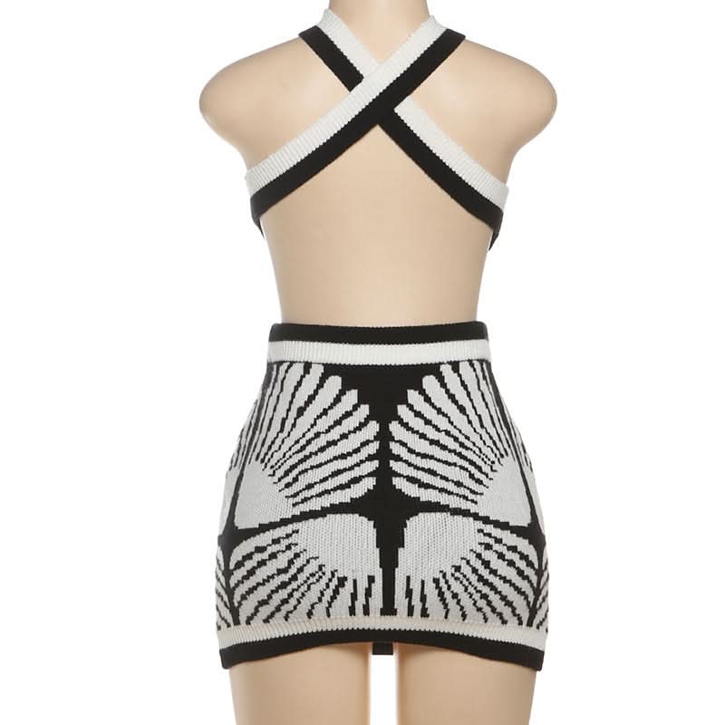 Art Deco Knit Halter Crop Top & Mini Skirt Set - Fall Party & Holiday Glam