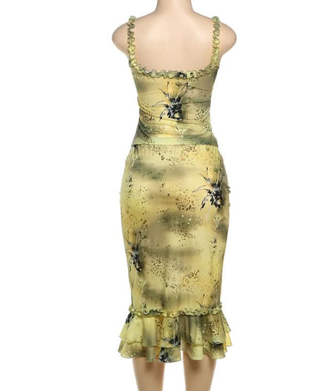 Autumn Bloom Ruffle Cami & Midi Skirt Set - Chic Y2K-Inspired Fall Co-ord Outfit