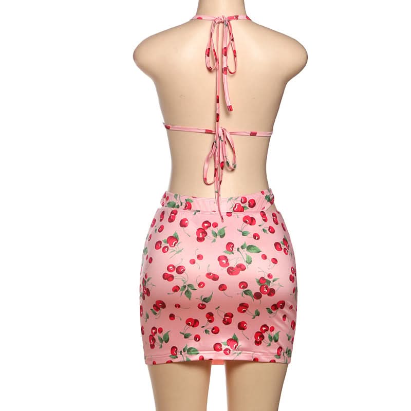 Sweet Cherry Halter Bikini & Cutout Skirt Set – Your Ultimate Vacation & Resort Look!