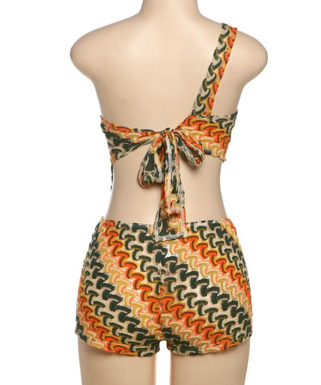 Retro Zig-Zag Knit One-Shoulder Cut-Out Shorts Set – Your Chic Fall Getaway Essential!