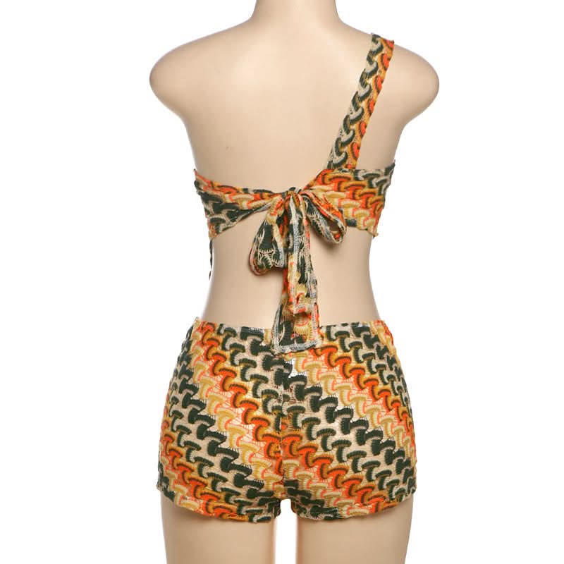 Retro Zig-Zag Knit One-Shoulder Cut-Out Shorts Set – Your Chic Fall Getaway Essential!