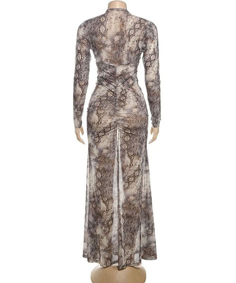 Slay the Season: Chic Snake Print Ruched Maxi Dress with Keyhole Cutout - Fall Glamour