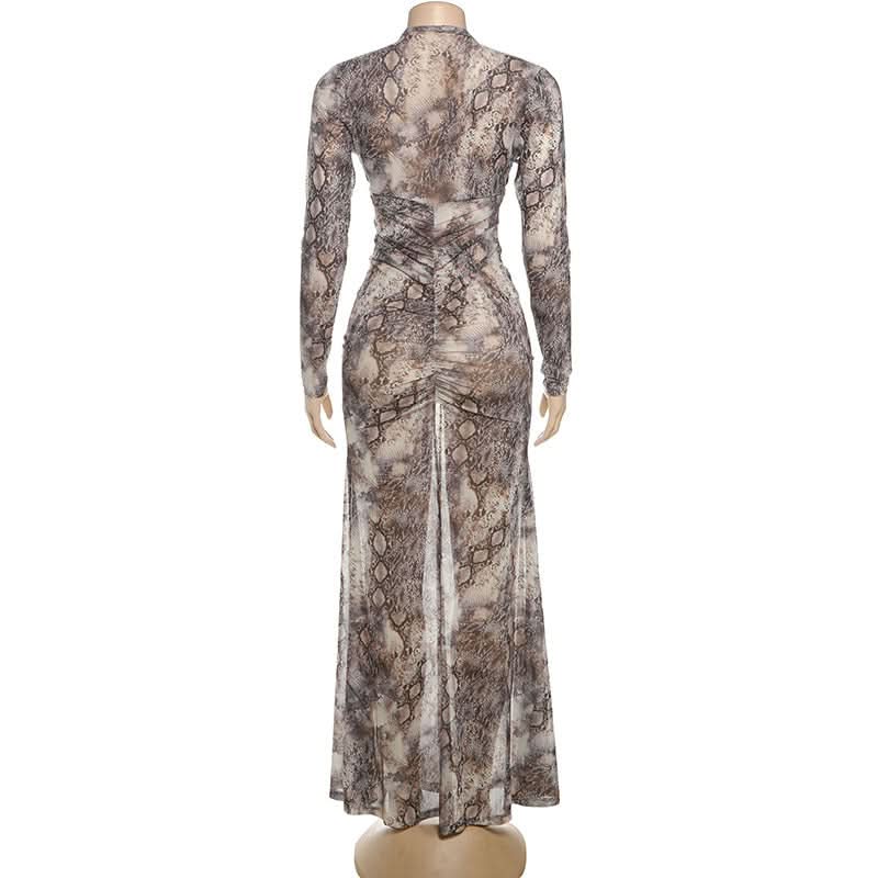 Slay the Season: Chic Snake Print Ruched Maxi Dress with Keyhole Cutout - Fall Glamour