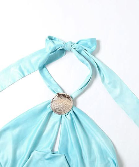 Ocean Siren Draped Satin Halter Top - Chic Shell Clasp & Backless for Resort & Holiday Escapes