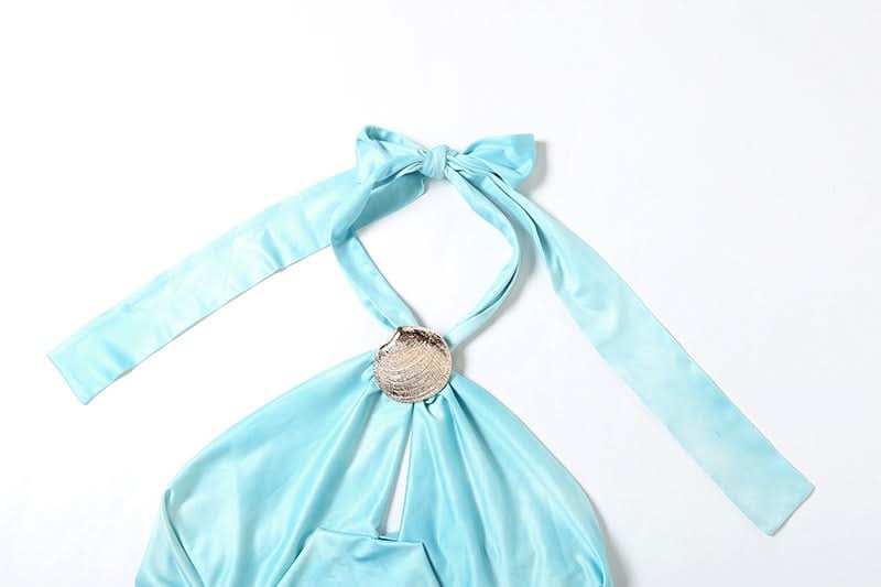 Ocean Siren Draped Satin Halter Top - Chic Shell Clasp & Backless for Resort & Holiday Escapes