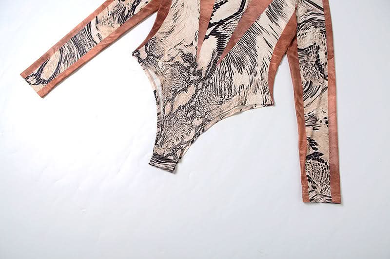 Fall Glam: Geometric Snake Print Long Sleeve Bodycon Jumpsuit - Perfect for Autumn Nights & Halloween