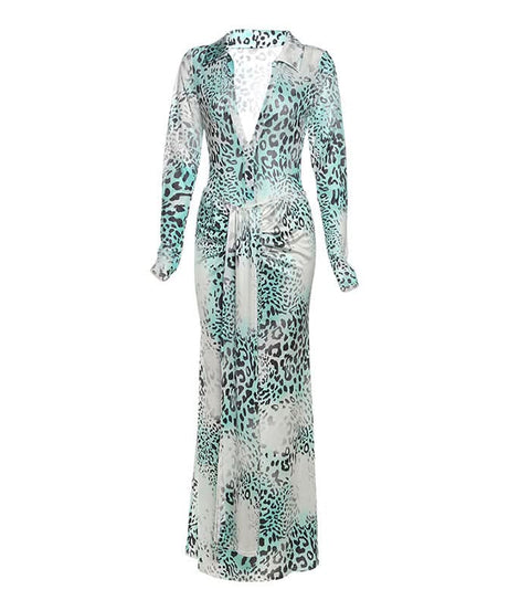 Effortless Fall Glam: Aqua Leopard Long Sleeve Deep V-Neck Maxi Dress