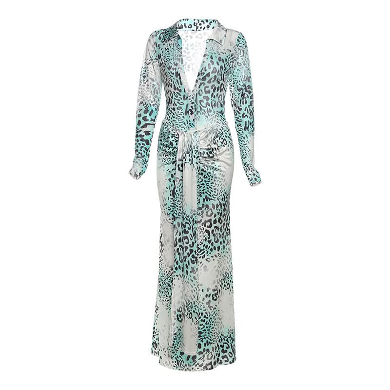 Effortless Fall Glam: Aqua Leopard Long Sleeve Deep V-Neck Maxi Dress