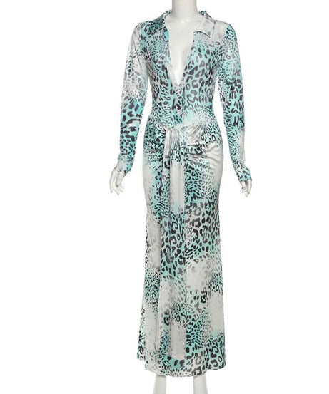 Effortless Fall Glam: Aqua Leopard Long Sleeve Deep V-Neck Maxi Dress