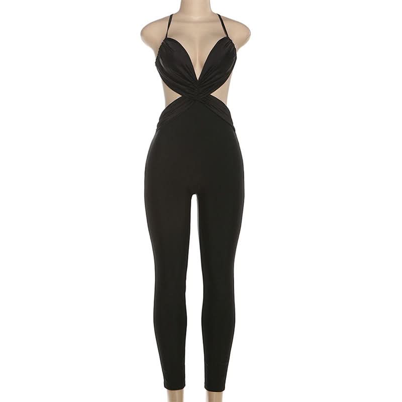 Sleek & Sassy Black Criss-Cross Cutout Jumpsuit - Your Ultimate Fall & Holiday Party Statement