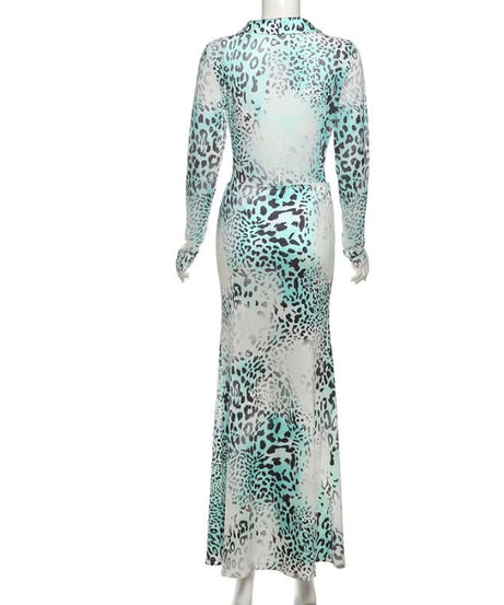 Effortless Fall Glam: Aqua Leopard Long Sleeve Deep V-Neck Maxi Dress