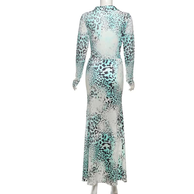 Effortless Fall Glam: Aqua Leopard Long Sleeve Deep V-Neck Maxi Dress