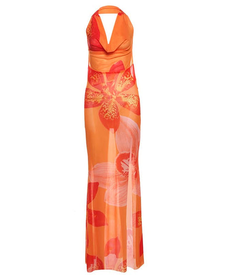 Escape to Paradise: Vibrant Tropical Bloom Halter Cowl Neck Maxi Dress with Thigh Slit