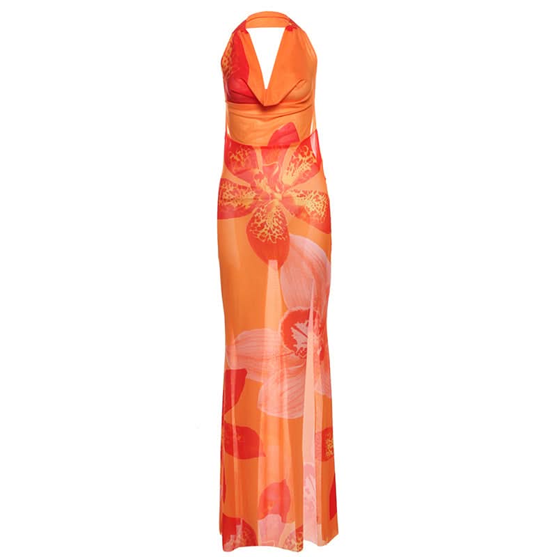 Escape to Paradise: Vibrant Tropical Bloom Halter Cowl Neck Maxi Dress with Thigh Slit