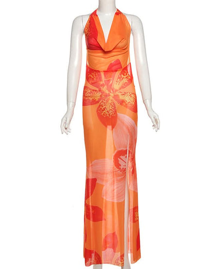 Escape to Paradise: Vibrant Tropical Bloom Halter Cowl Neck Maxi Dress with Thigh Slit
